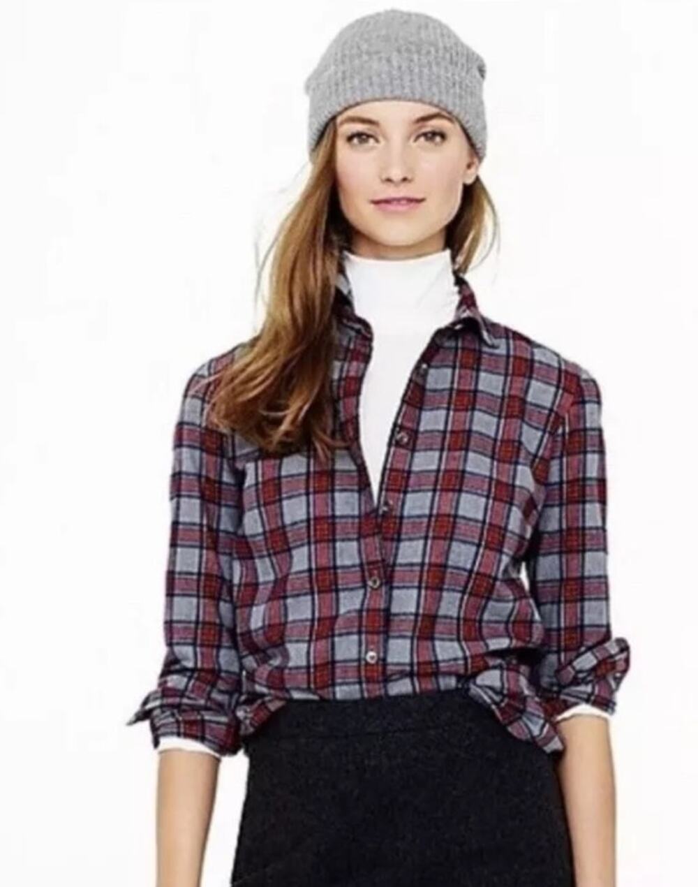 J CREW Womens Perfect Shirt Fit Boy Fit Gray Tartan Plaid Button Up Down Top S